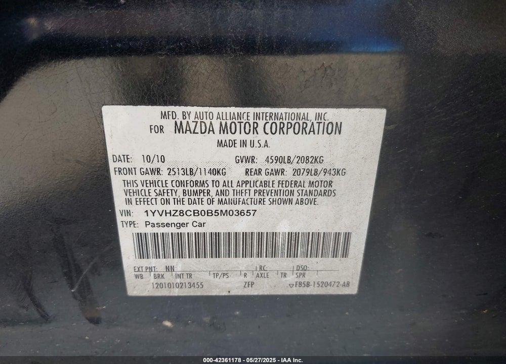 2011 MAZDA MAZDA6 VIN: 1YVHZ8CB0B5M03657