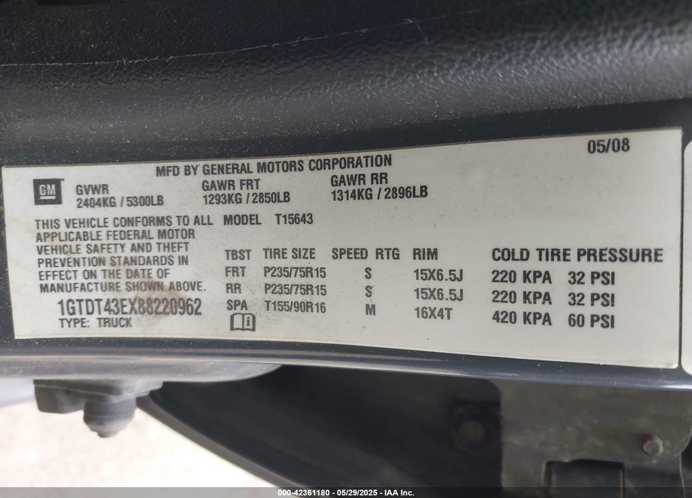 2008 GMC CANYON VIN: 1GTDT43EX88220962