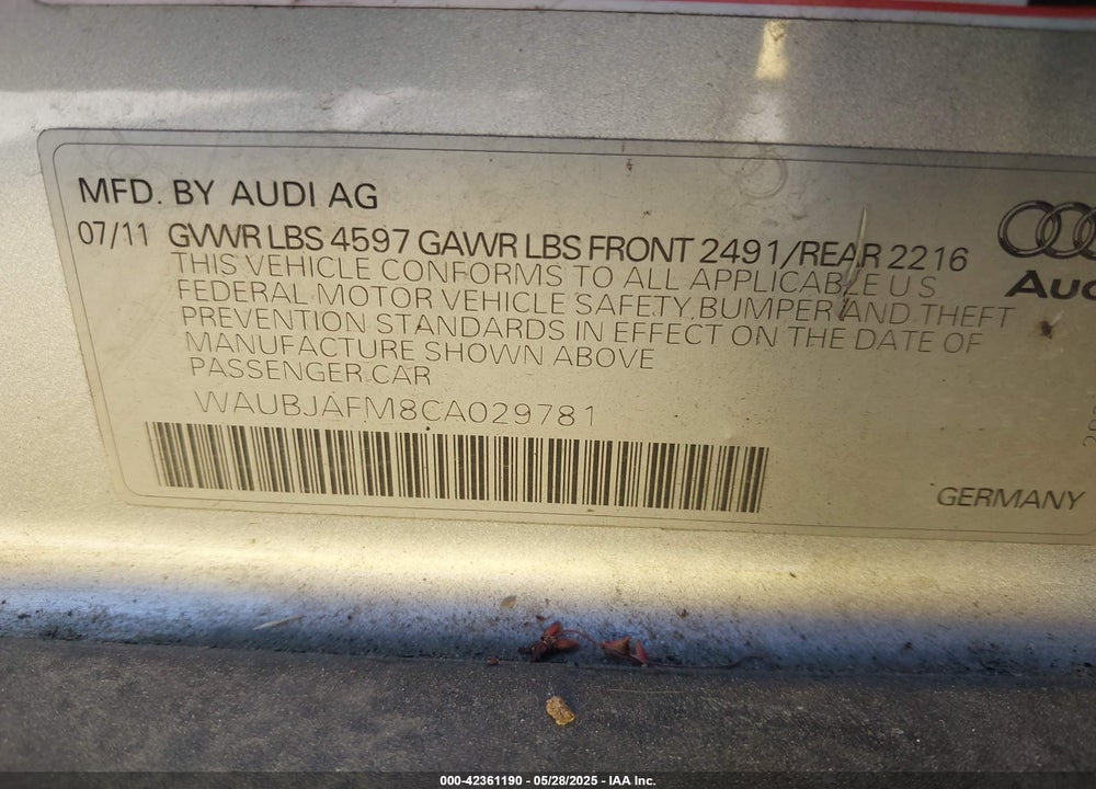 2012 AUDI A3 VIN: WAUBJAFM8CA029781