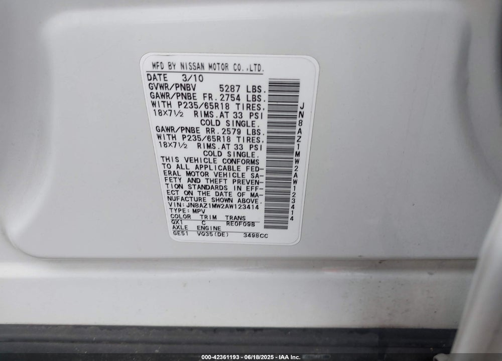 2010 NISSAN MURANO VIN: JN8AZ1MW2AW123414