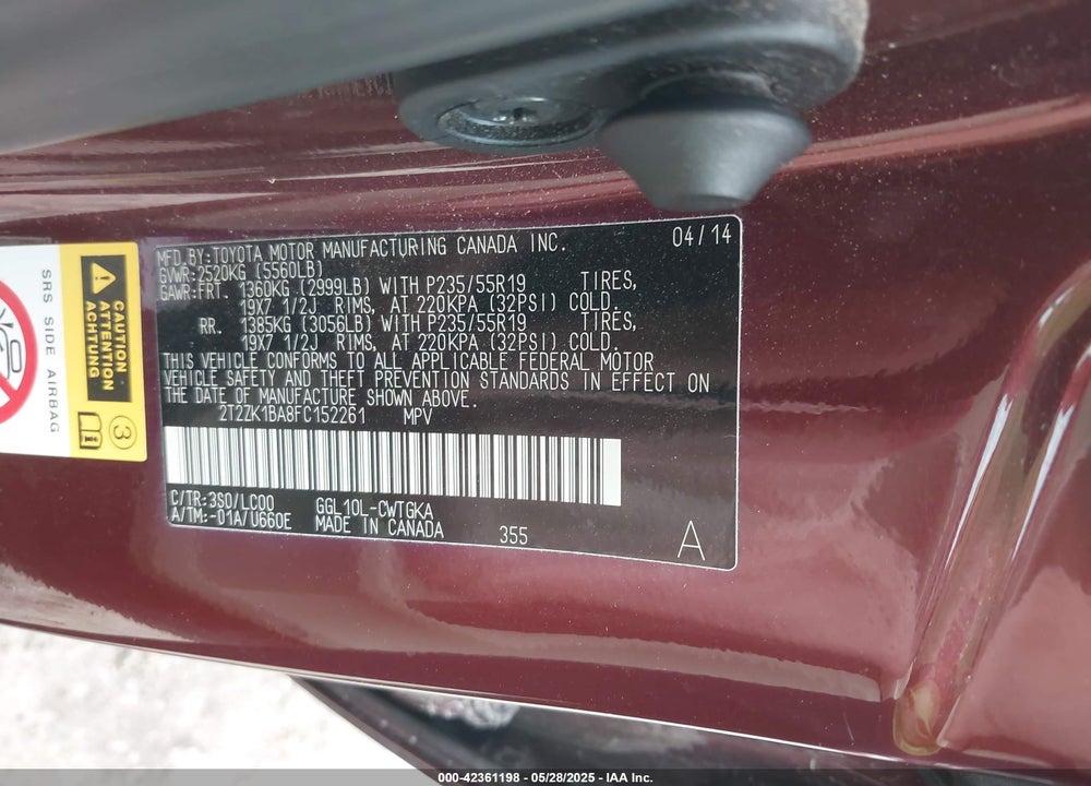 2015 LEXUS RX 350 VIN: 2T2ZK1BA8FC152261
