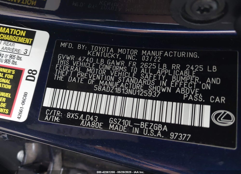 2022 LEXUS ES VIN: 58ADZ1B13NU125937