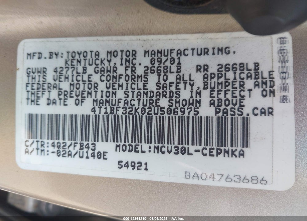 2002 TOYOTA CAMRY LE V6 VIN: 4T1BF32K02U506975