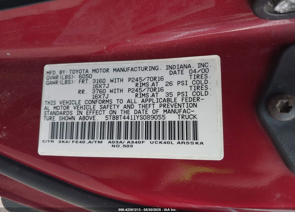 2000 TOYOTA TUNDRA SR5 V8 VIN: 5TBBT4411YS089055