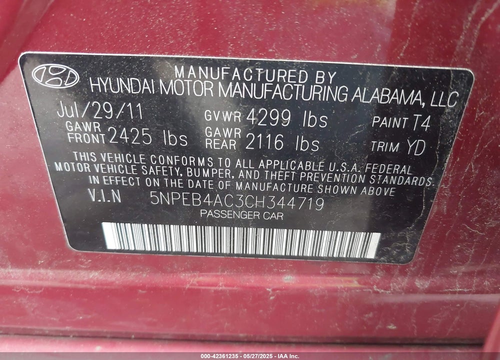 2012 HYUNDAI SONATA VIN: 5NPEB4AC3CH344719