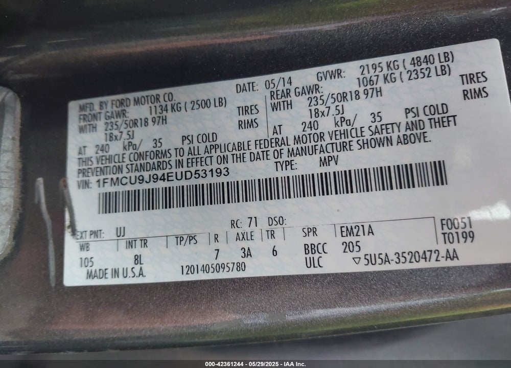 2014 FORD ESCAPE TITANIUM VIN: 1FMCU9J94EUD53193