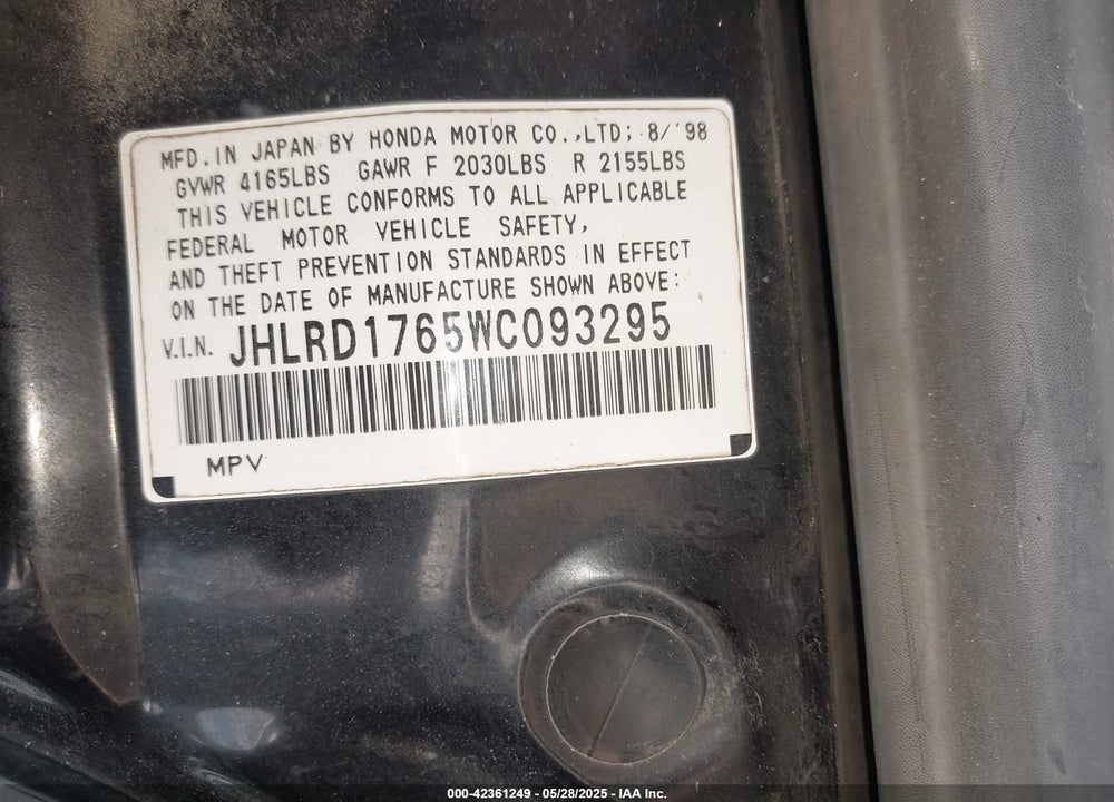 1998 HONDA CR-V EX VIN: JHLRD1765WC093295