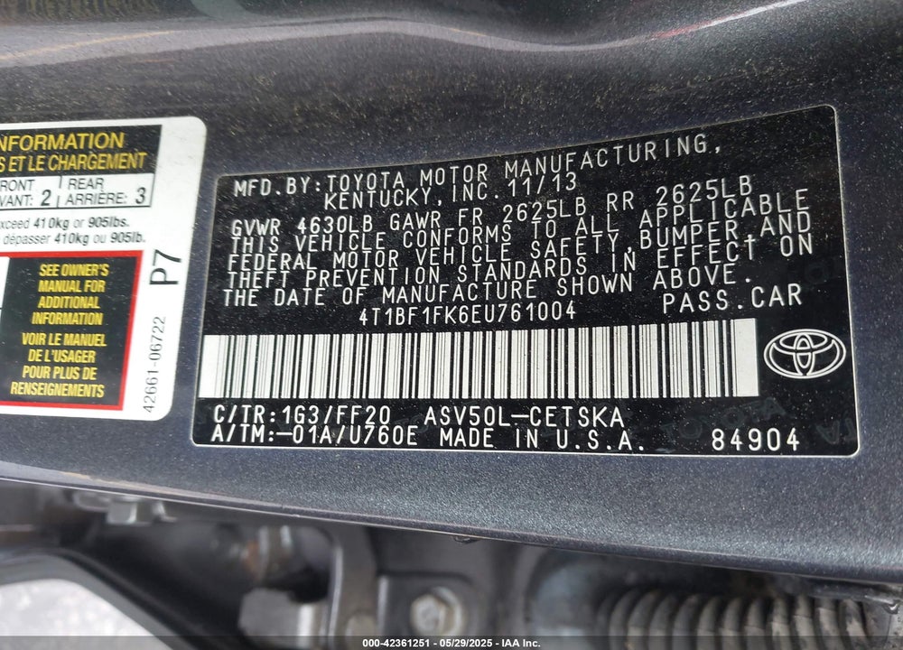 2014 TOYOTA CAMRY VIN: 4T1BF1FK6EU761004