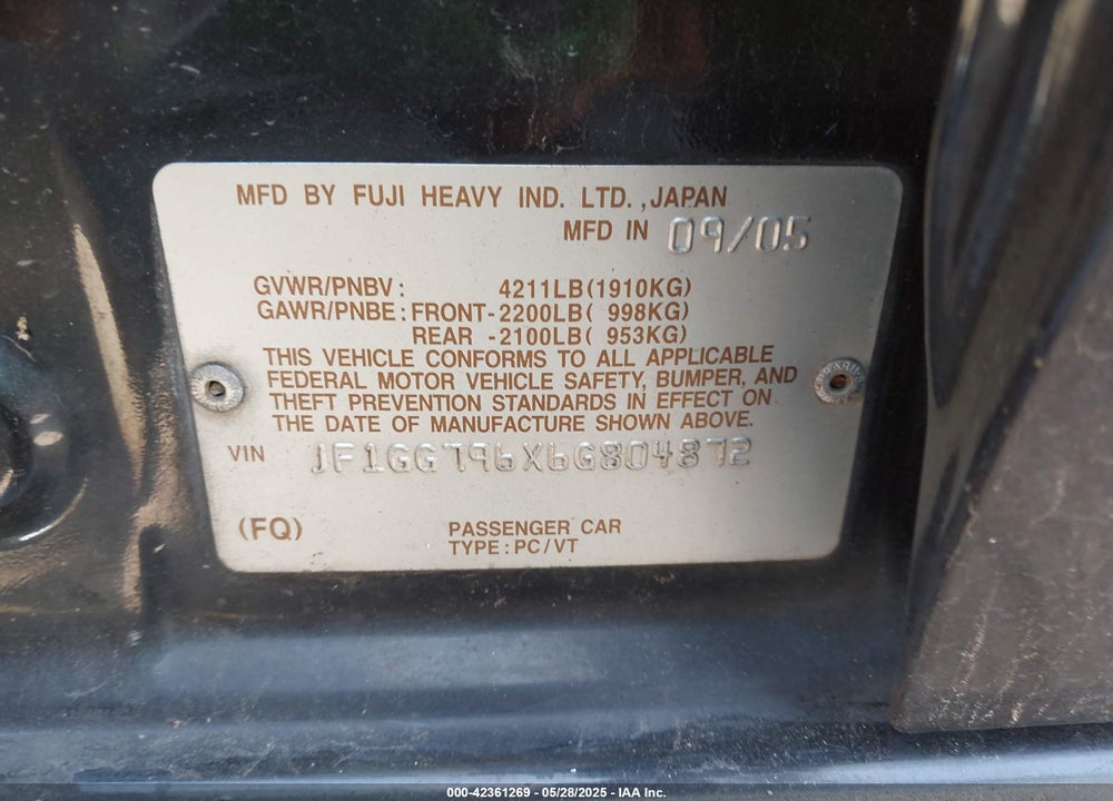 2006 SUBARU IMPREZA VIN: JF1GG796X6G804872