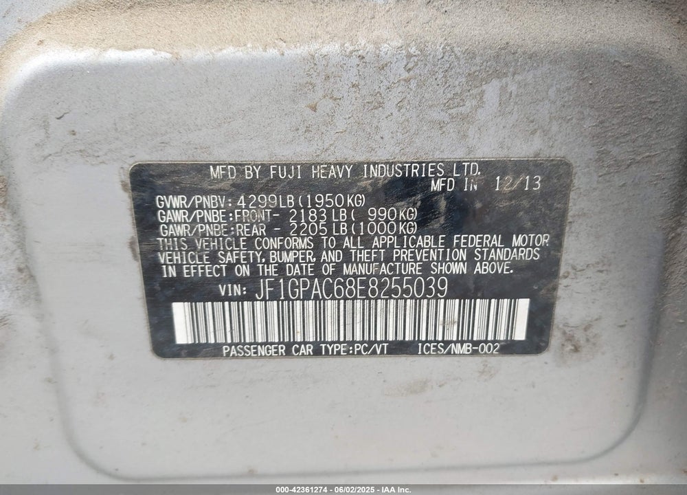2014 SUBARU IMPREZA VIN: JF1GPAC68E8255039
