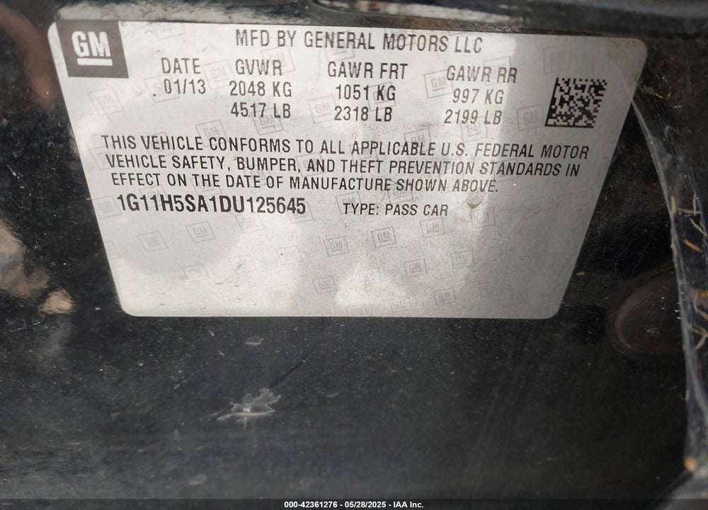 2013 CHEVROLET MALIBU 1LZ VIN: 1G11H5SA1DU125645