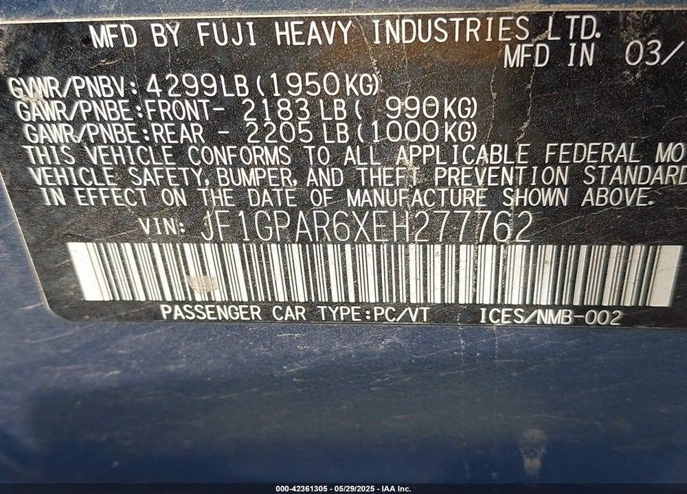 2014 SUBARU IMPREZA VIN: JF1GPAR6XEH277762