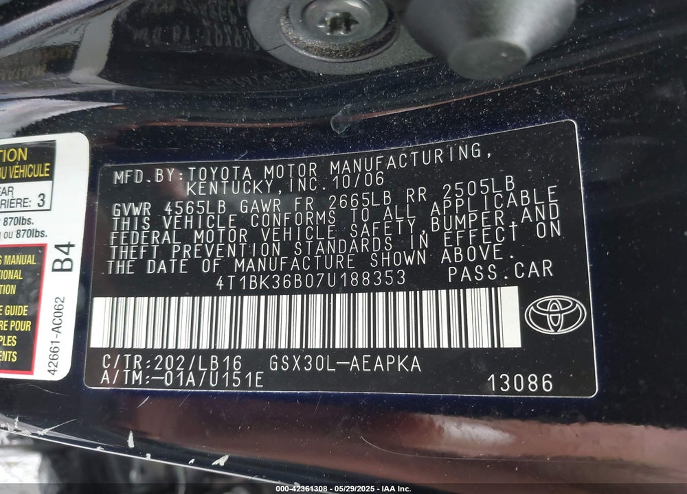 2007 TOYOTA AVALON LIMITED VIN: 4T1BK36B07U188353
