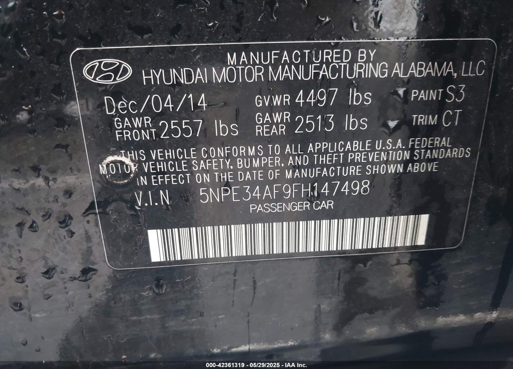 2015 HYUNDAI SONATA LIMITED VIN: 5NPE34AF9FH147498