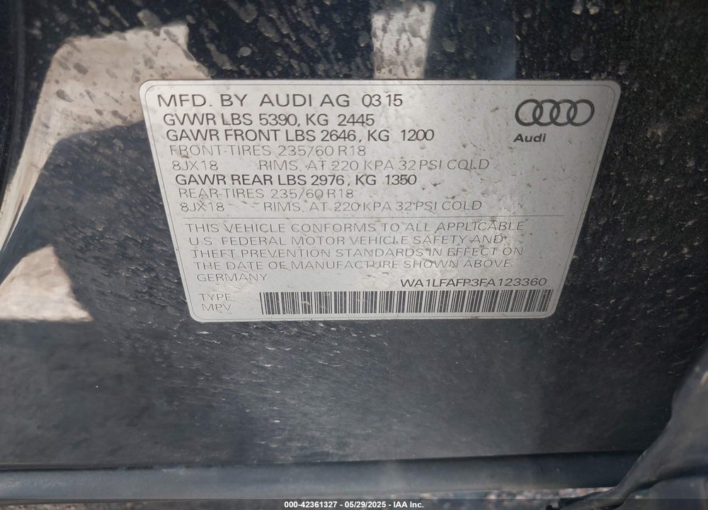 2015 AUDI Q5 2.0T PREMIUM VIN: WA1LFAFP3FA123360