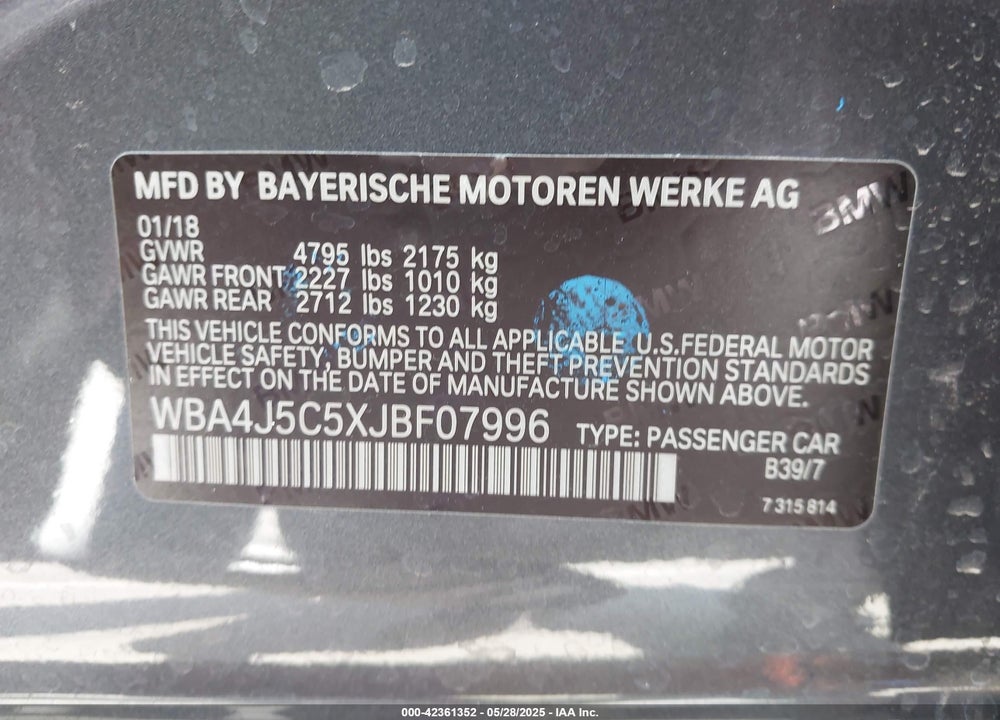 2018 BMW 4 SERIES VIN: WBA4J5C5XJBF07996