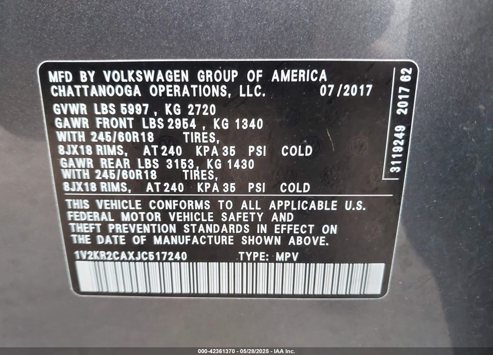 2018 VOLKSWAGEN ATLAS VIN: 1V2KR2CAXJC517240