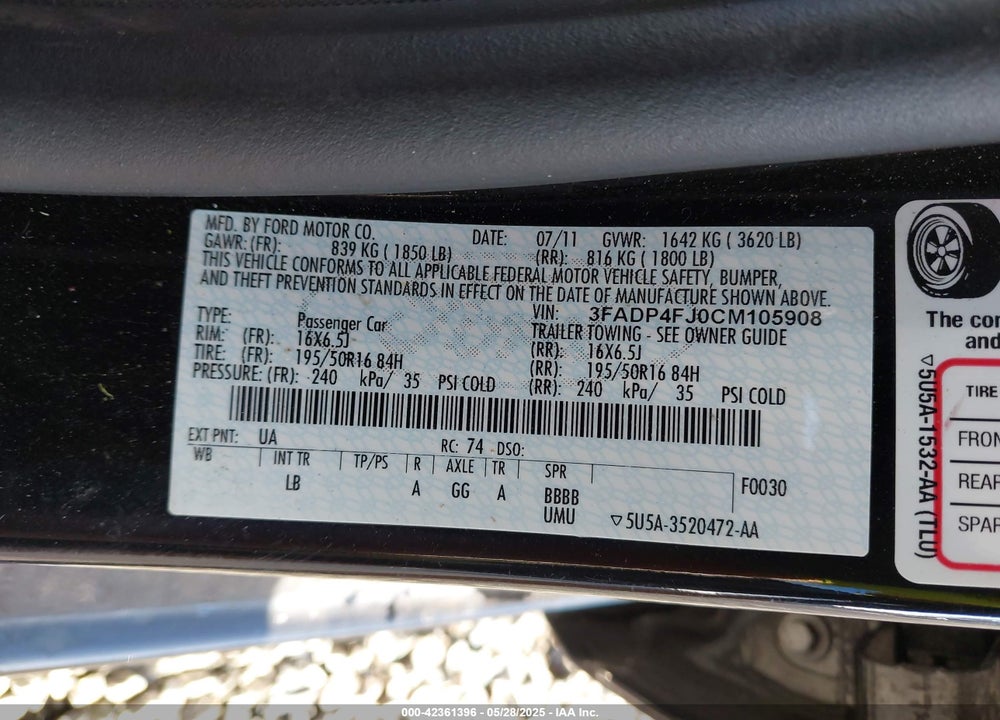 2012 FORD FIESTA VIN: 3FADP4FJ0CM105908