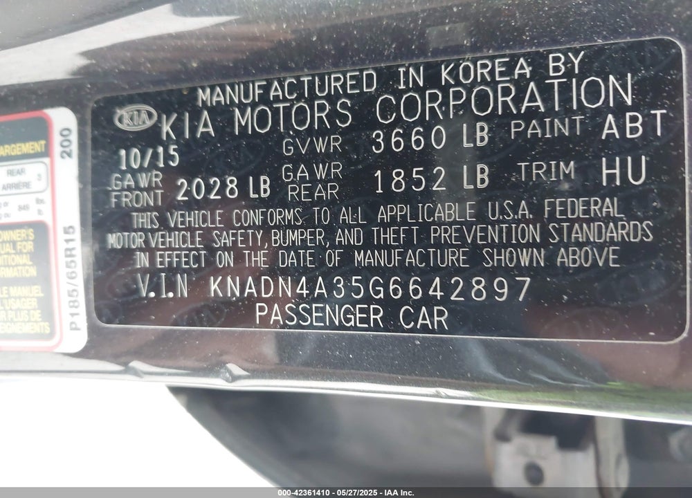 2016 KIA RIO VIN: KNADN4A35G6642897