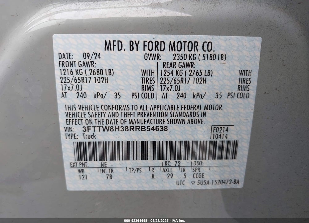 2024 FORD MAVERICK XLT VIN: 3FTTW8H38RRB54638