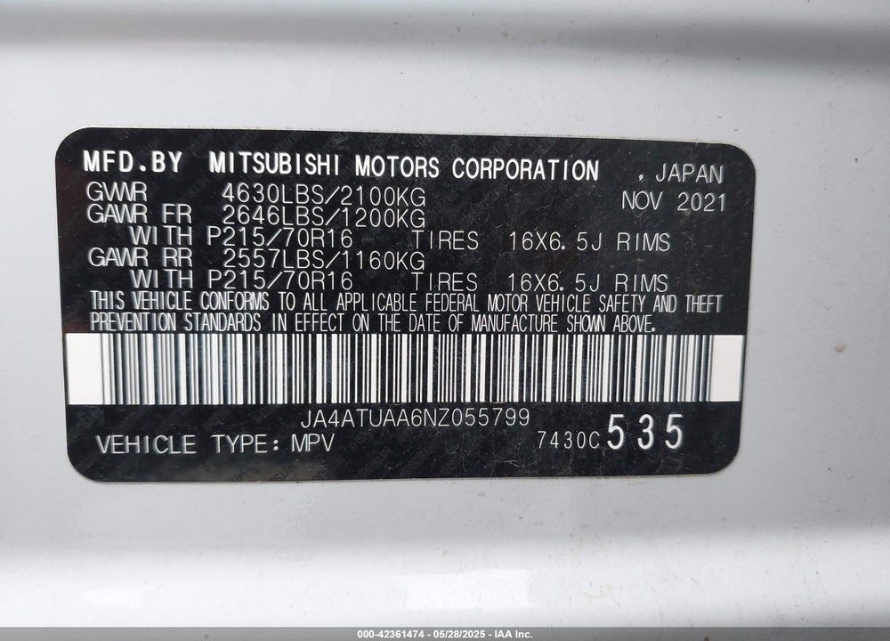 2022 MITSUBISHI ECLIPSE CROSS VIN: JA4ATUAA6NZ055799