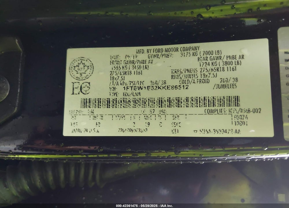 2019 FORD F-150 VIN: 1FTEW1E52KKE86512
