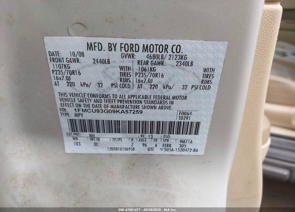 2009 FORD ESCAPE XLT VIN: 1FMCU93G09KA57259