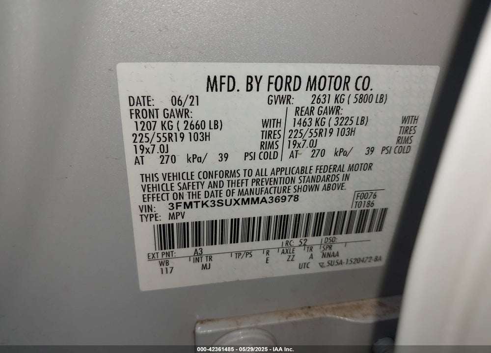 2021 FORD MUSTANG MACH-E PREMIUM VIN: 3FMTK3SUXMMA36978