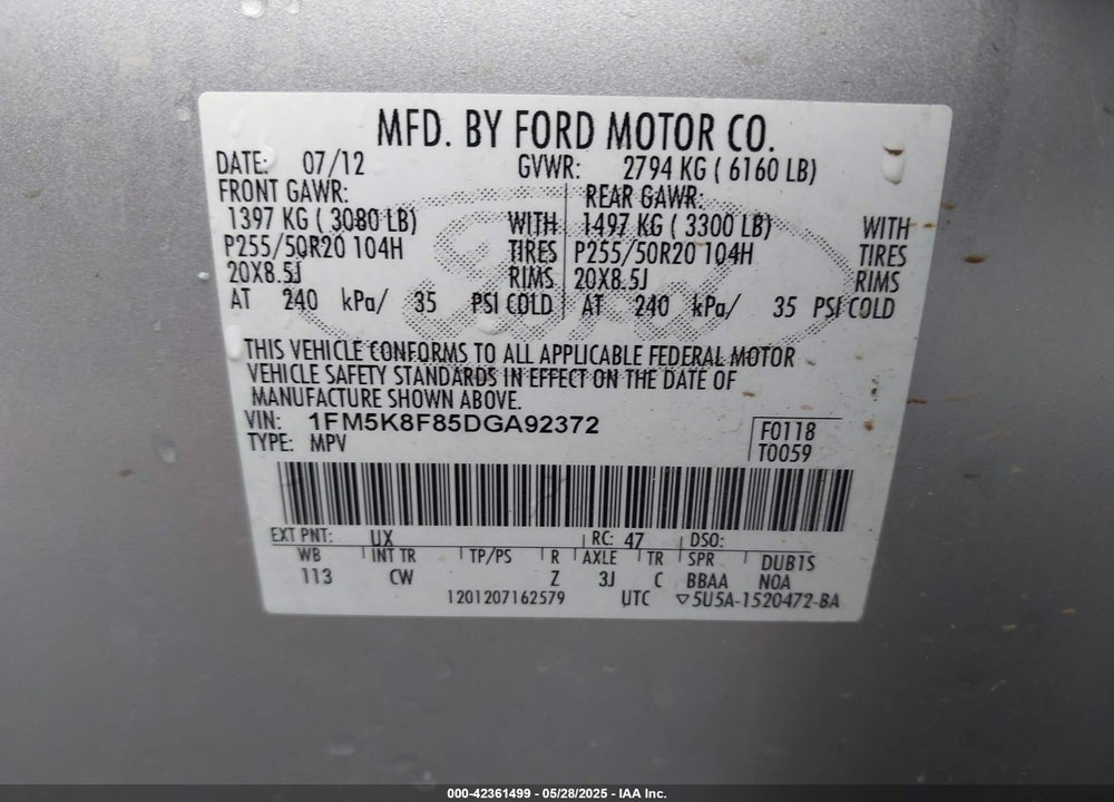 2013 FORD EXPLORER LIMITED VIN: 1FM5K8F85DGA92372
