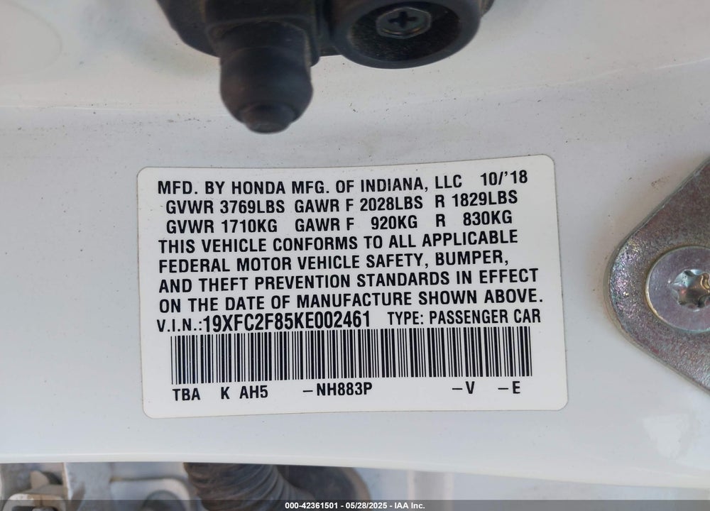 2019 HONDA CIVIC VIN: 19XFC2F85KE002461