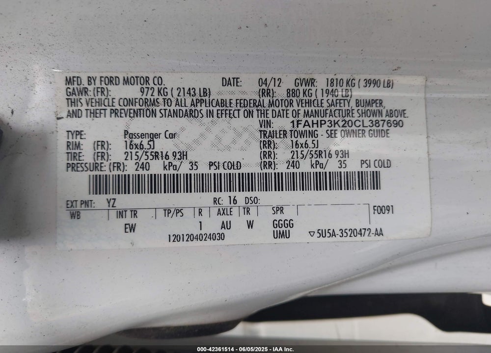 2012 FORD FOCUS SE VIN: 1FAHP3K20CL387690