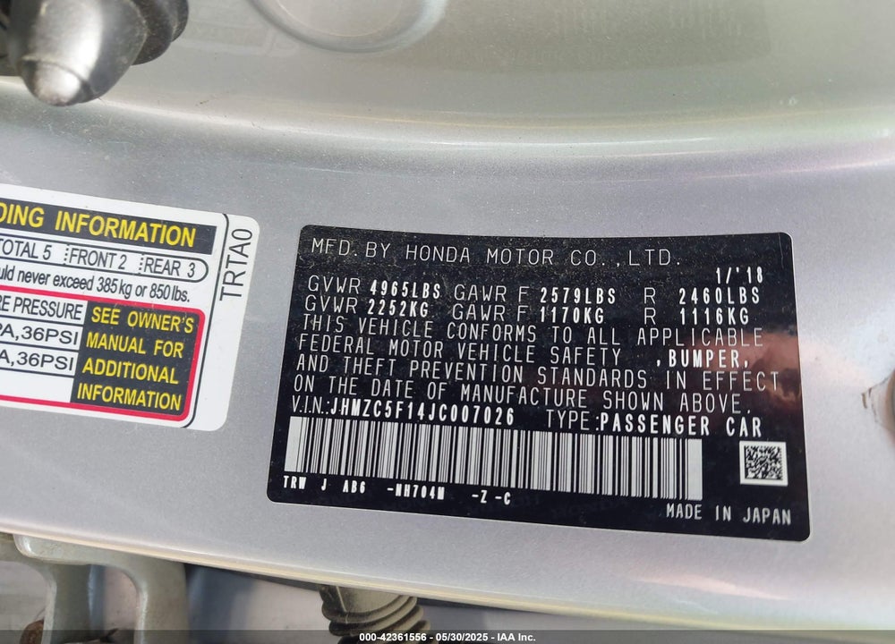 2018 HONDA CLARITY PLUG-IN HYBRID VIN: JHMZC5F14JC007026