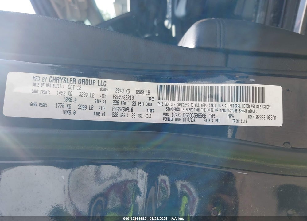 2013 DODGE DURANGO CREW VIN: 1C4RDJDG3DC596508