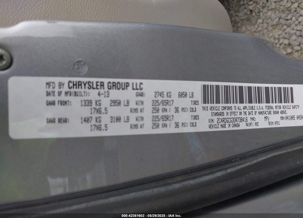 2013 DODGE GRAND CARAVAN SXT VIN: 2C4RDGCG3DR738416