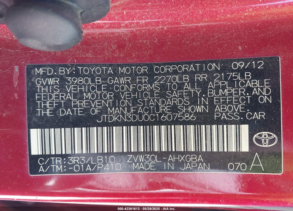 2012 TOYOTA PRIUS VIN: JTDKN3DU0C1607586