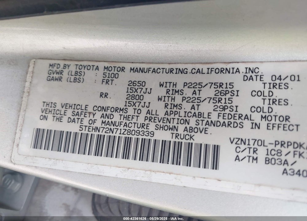 2001 TOYOTA TACOMA BASE V6 VIN: 5TEHN72N71Z809339