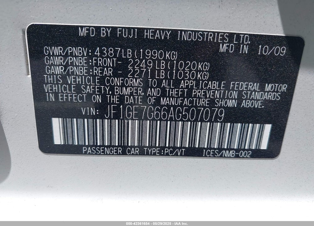 2010 SUBARU IMPREZA WRX VIN: JF1GE7G66AG507079
