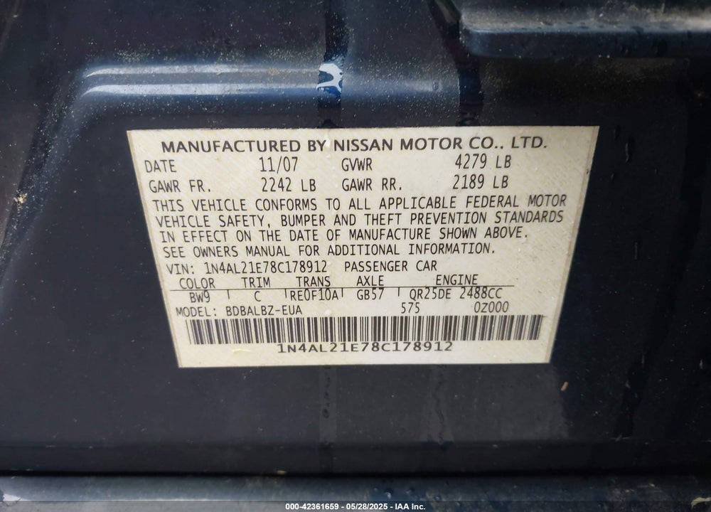 2008 NISSAN ALTIMA 2.5 S VIN: 1N4AL21E78C178912