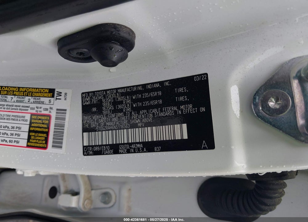 2022 TOYOTA HIGHLANDER VIN: 5TDGZRAH6NS116563