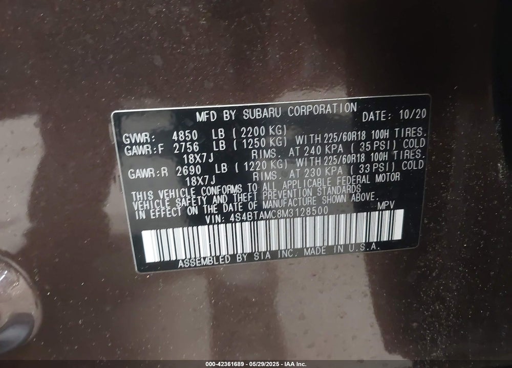 2021 SUBARU OUTBACK VIN: 4S4BTAMC8M3128500