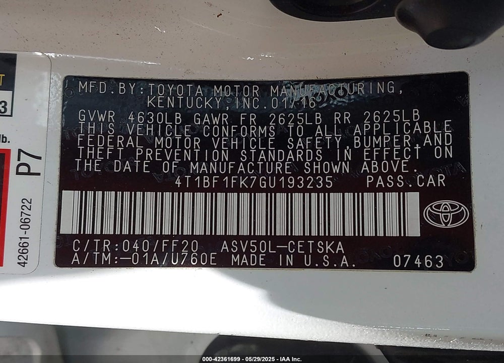 2016 TOYOTA CAMRY VIN: 4T1BF1FK7GU193235