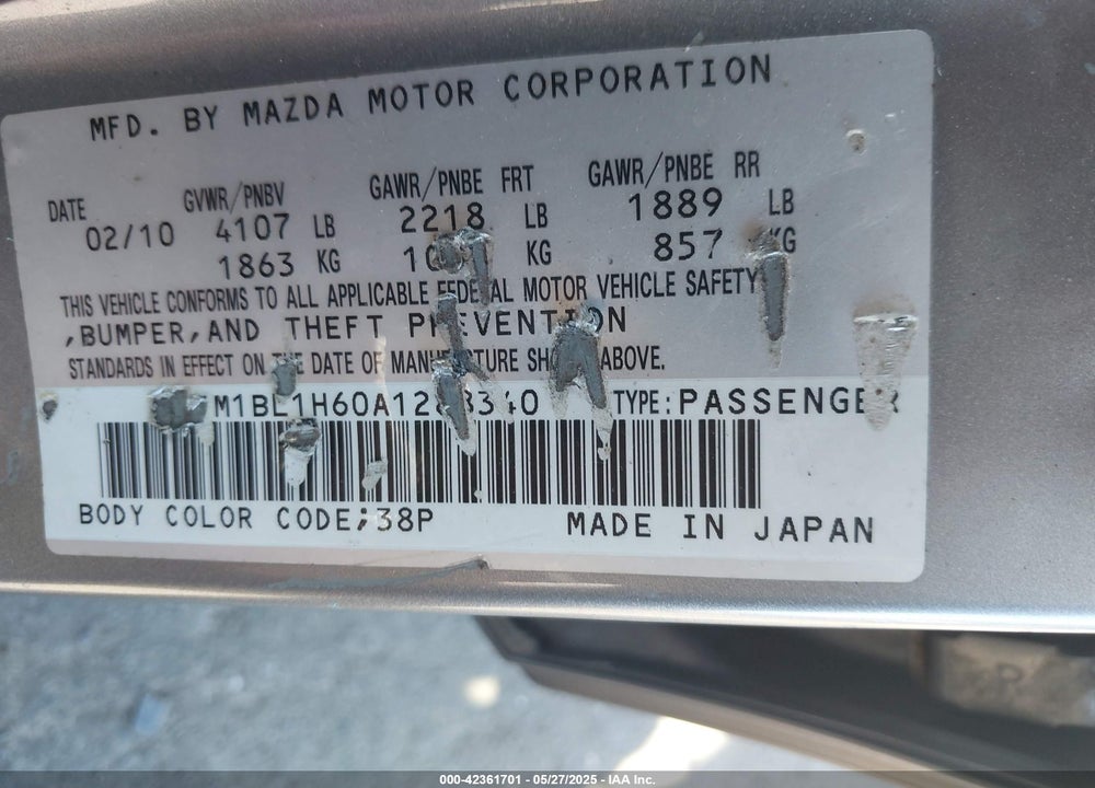 2010 MAZDA MAZDA3 VIN: JM1BL1H60A1288340
