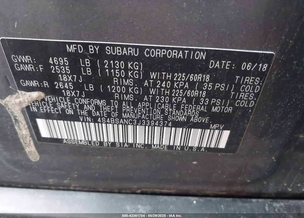 2018 SUBARU OUTBACK VIN: 4S4BSANC3J3394374