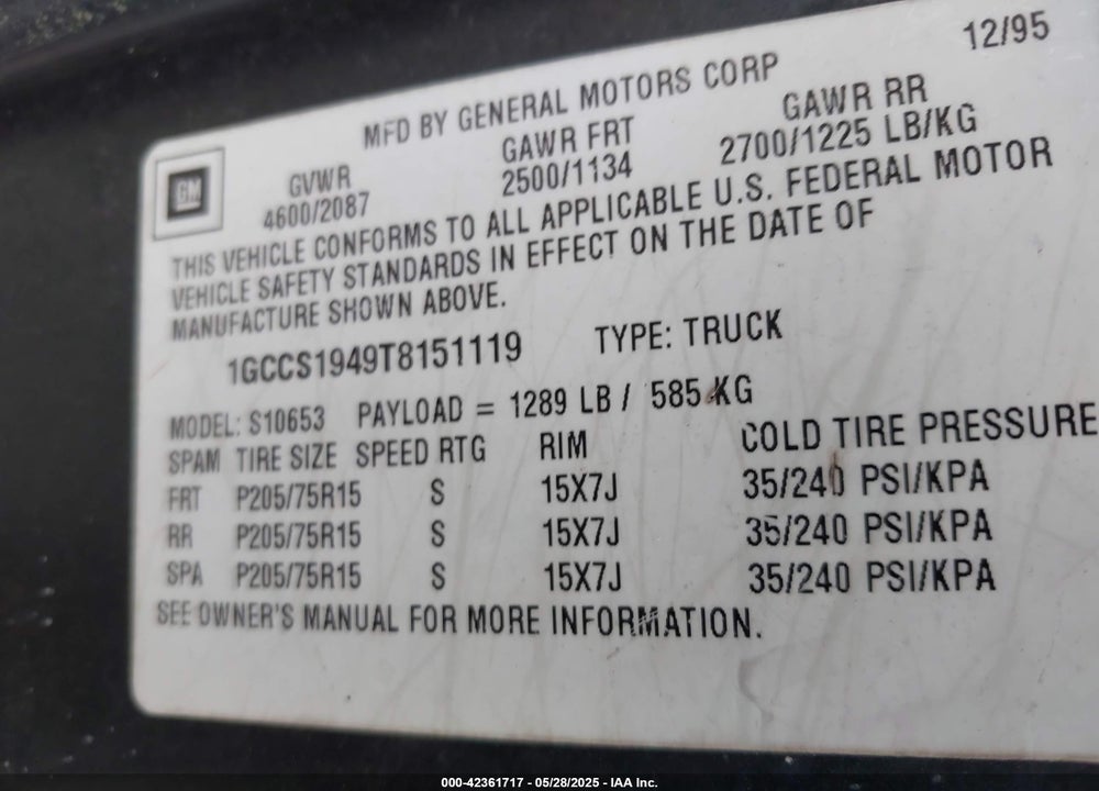 1996 CHEVROLET S TRUCK S10 VIN: 1GCCS1949T8151119