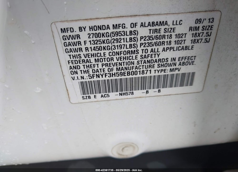 2014 HONDA PILOT EX-L VIN: 5FNYF3H59EB001871