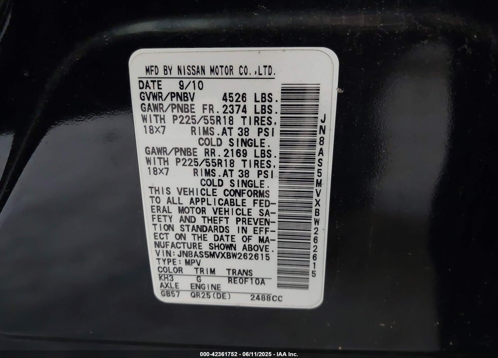 2011 NISSAN ROGUE VIN: JN8AS5MVXBW262615