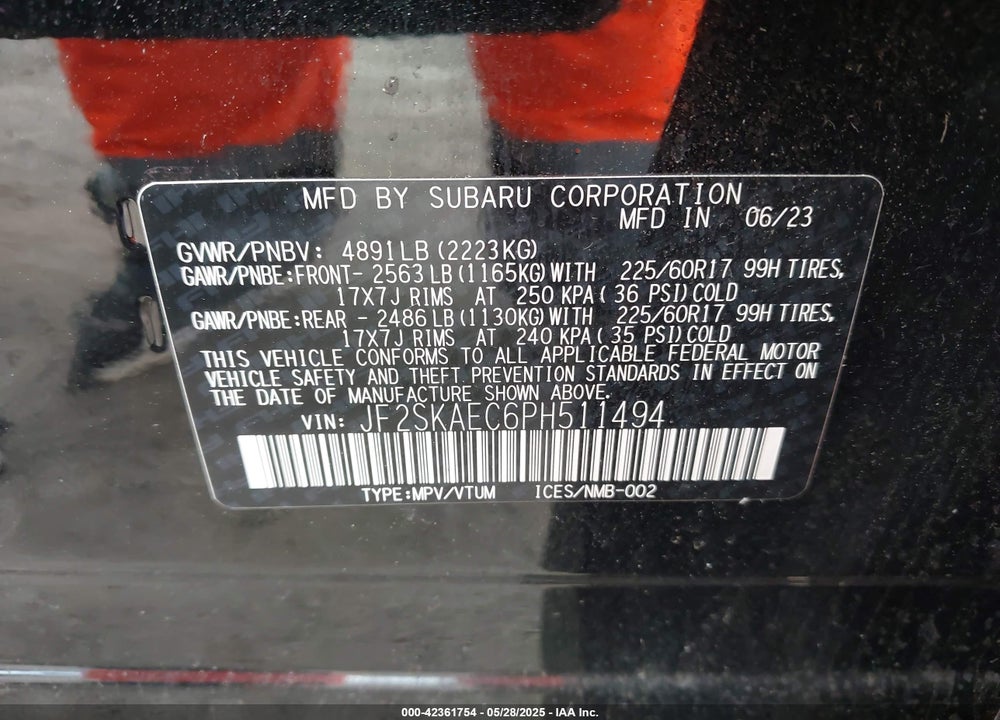 2023 SUBARU FORESTER VIN: JF2SKAEC6PH511494