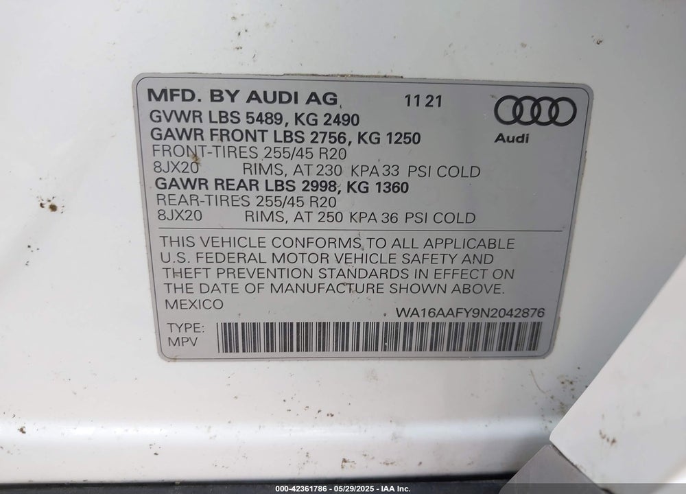 2022 AUDI Q5 SPORTBACK VIN: WA16AAFY9N2042876