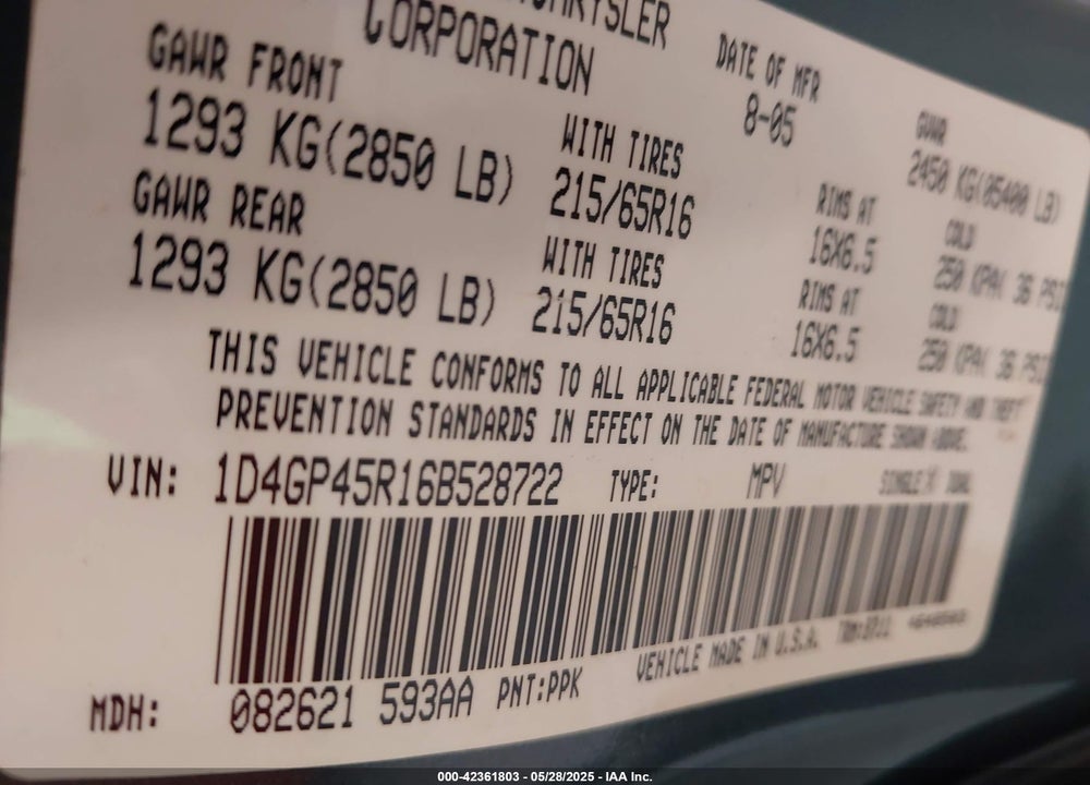 2006 DODGE CARAVAN VIN: 1D4GP45R16B528722