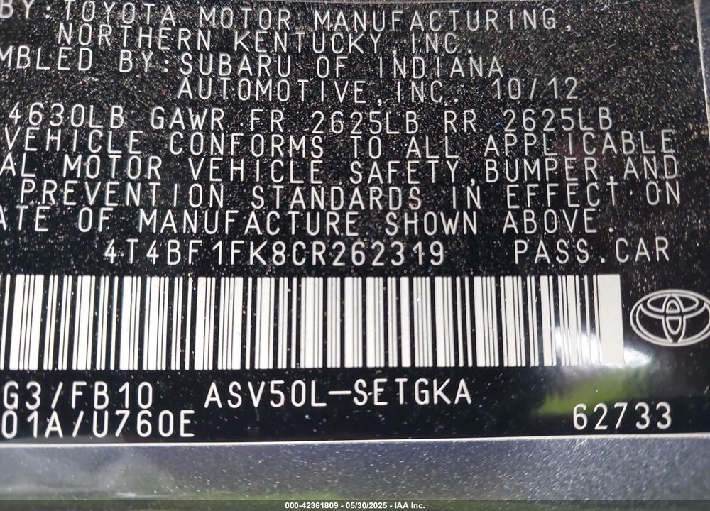 2012 TOYOTA CAMRY XLE VIN: 4T4BF1FK8CR262319